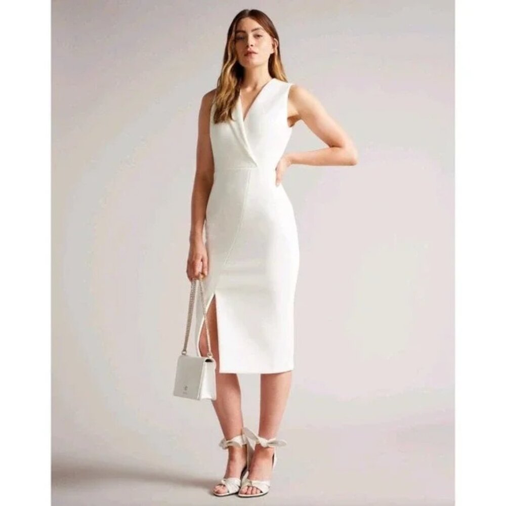Ted Baker London Size 0 Midi Dress Tilolah Pencil White Collared Sleeveless NWT